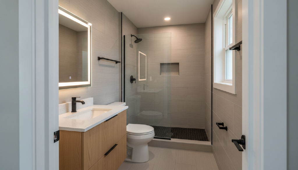 Hall bathroom with a walk-in shower and wood vanity, drawn by Emma