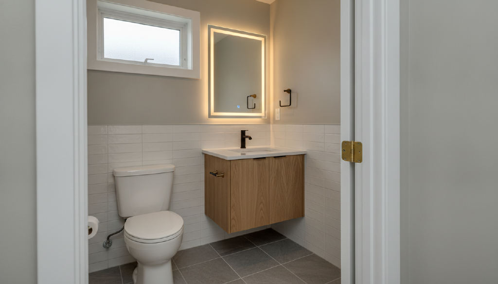 Powder room with tile wainscot and a floating wood vanity, drawn by Emma