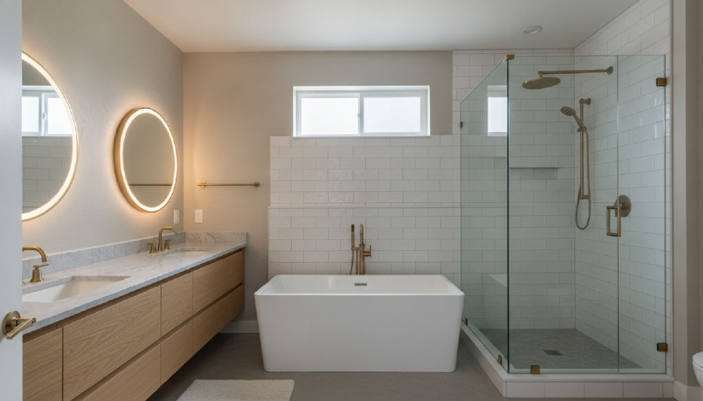 Bathroom with subway tile, a soaking tub and brass fixtures, drawn by Emma
