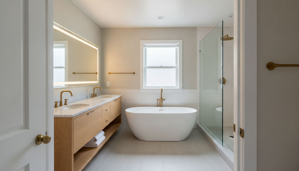 Bathroom with a freestanding tub, wood vanity and glass shower, drawn by Emma