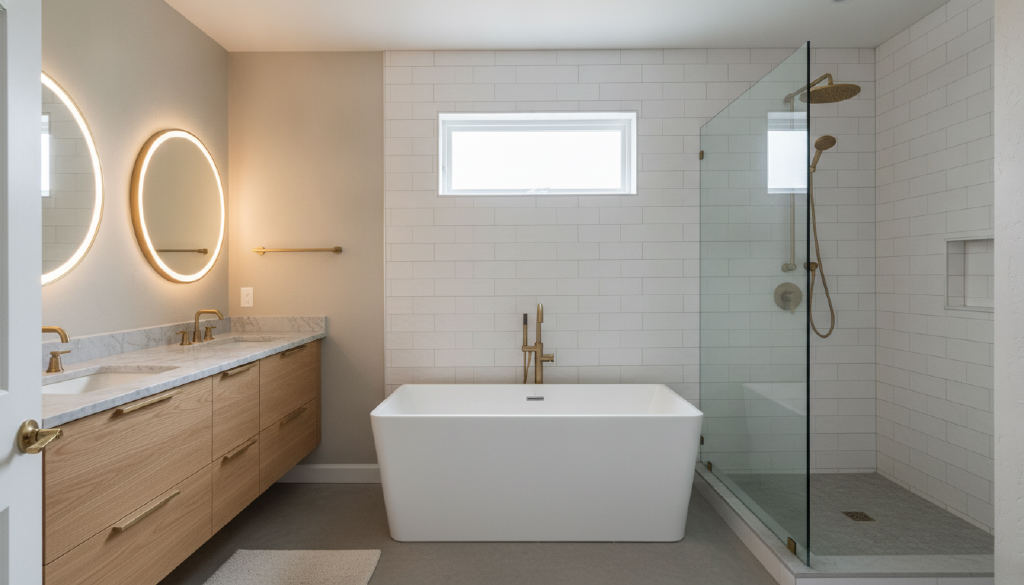 Primary bathroom with a freestanding tub, round lighted mirrors and a glass shower, drawn by Emma
