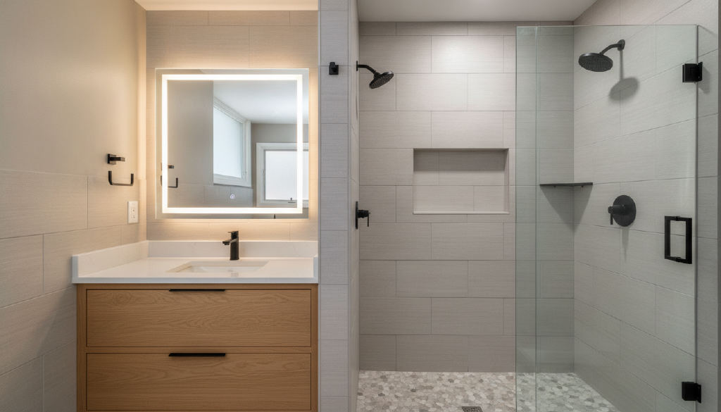 Bathroom with a lighted mirror, wood vanity and tiled walk-in shower, drawn by Emma