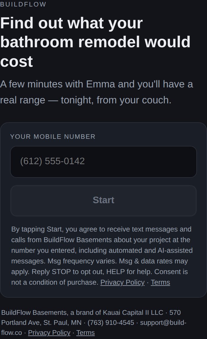 Mobile number field, Start button and the consent notice beneath it