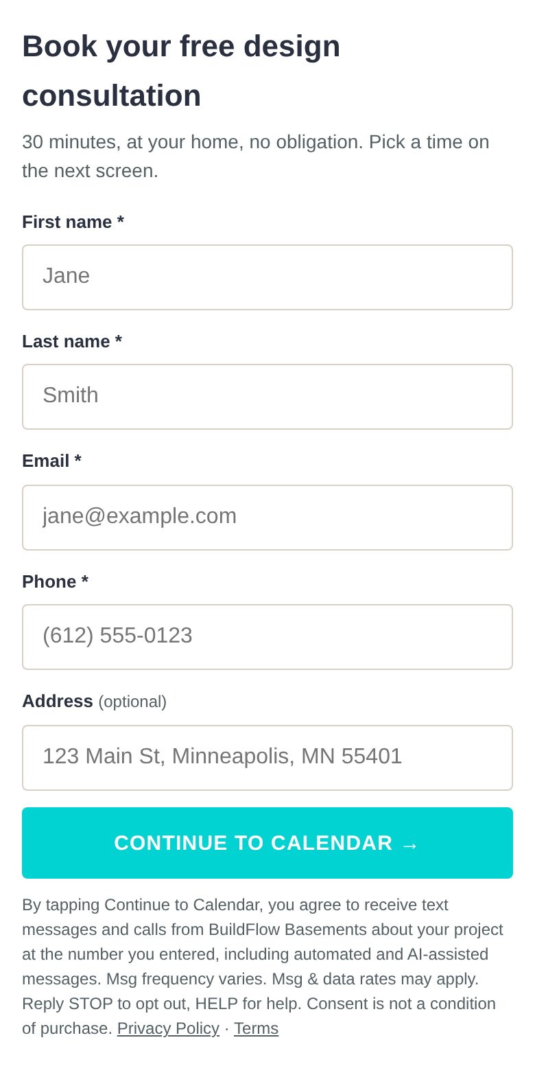 Consultation form with Continue to Calendar button and the consent notice beneath it
