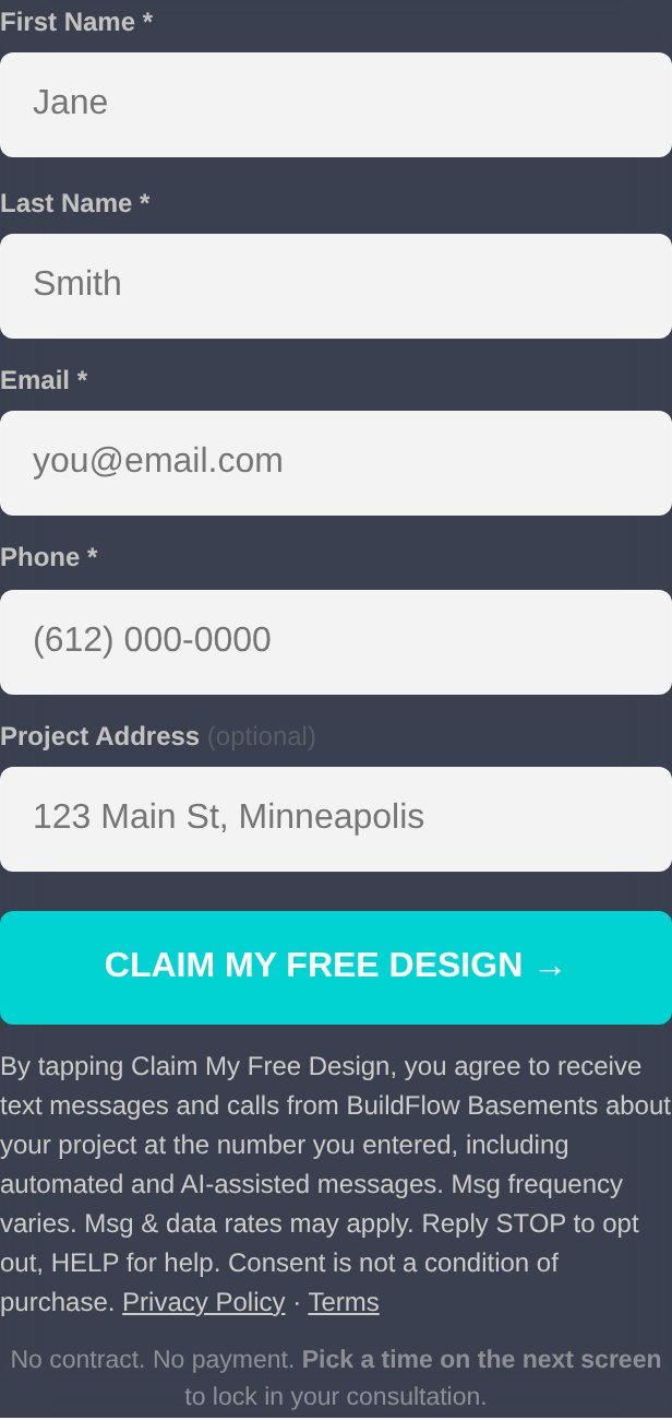 Offer form with Claim My Free Design button and the consent notice beneath it