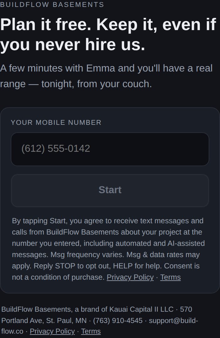 Mobile number field, Start button and the consent notice beneath it